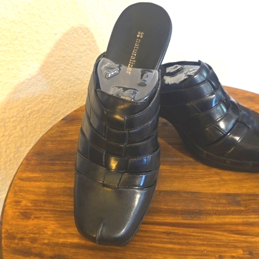 Naturalizer| Womens Black Leather Woven Comfort Clogs Slip On Neutral Sz.9.5W
